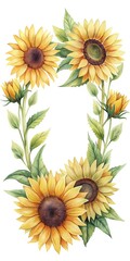 Watercolor Sunflower Wreath with Green Leaves on White Background Illustration