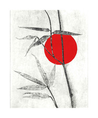 Print of a red moon and bamboo,  classic engraving with soft varnish and collage techniques