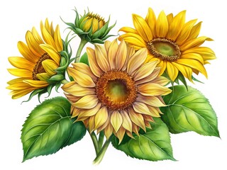 A Beautiful Watercolor Painting of Sunflowers in Full Bloom Against White Background