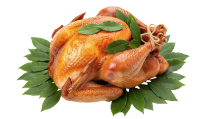 Roasted whole turkey with green leaves isolated on transparent background