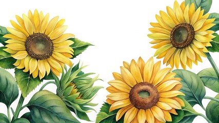 Watercolor Sunflowers Border on White Background, Floral Illustration Art Design