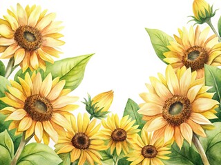 Watercolor Painting of Cheerful Sunflowers and Buds with Green Leaves Arrangement