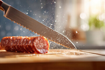 Close-up of a serrated knife slicing through a log of salami on a wooden cutting board, with droplets of moisture flying, capturing the culinary preparation process