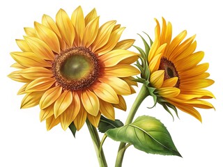 Two vibrant yellow sunflowers with lush green leaves on a white backdrop