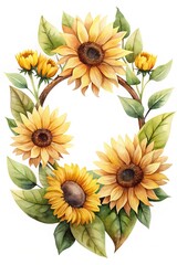 Watercolor Sunflower Wreath with Green Leaves on White Background for Decoration