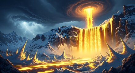 Dramatic fantasy landscape with fiery waterfall and burning lava flowing into a dark snowy mountain range under a stormy sky with a bright explosion