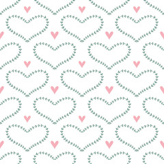 Botanical heart seamless pattern. Minimal seamless pattern with leafy heart shapes and soft pink accents in flat vector style.