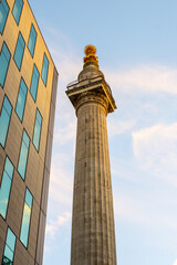 Naklejka premium The Monument to the Great Fire of London stands tall near modern buildings, highlighting the contrast between history and contemporary architecture.