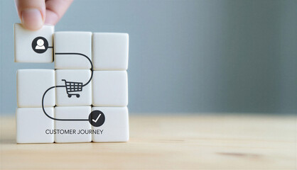 Business concept of customer journey with blocks and icons on a table