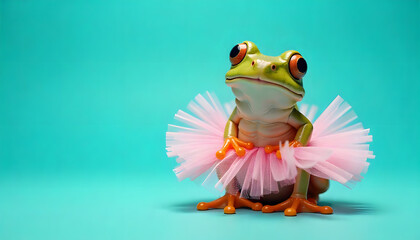 Laughing green frog wearing a pink tutu on a bright background with plenty of copy space. Playful, whimsical and humorous concept, ideal for creative designs, social media, advertising, invitations, 1