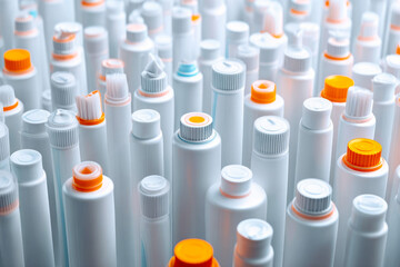 Collection of white plastic tubes with orange caps arranged closely together, showcasing various shapes and sizes, ideal for packaging and product design mock up with copy space