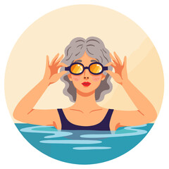 Elderly woman swimming and adjusting goggles in clear blue water . Elderly set
