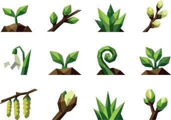 Spring Greenery Icons. Low-poly vector icon set for first spring greenery and budding plants, featuring angular polygonal geometry