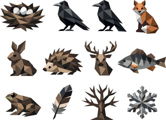 Geometric Bird Icons. Nest of rooks and seasonal wildlife visualized as a low-poly vector icon set with sharp polygon edges,