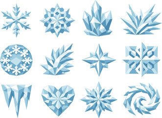 Snowflake Vector Icon Grid. Frosty snow lace and intricate ice patterns visualized as a low-poly vector icon set with sharp
