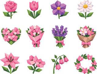 Floral Low-Poly Icons. Feminine flowers and spring bouquets represented through a professional low-poly vector icon set using
