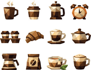 Morning Coffee Icons. Morning coffee ritual and hot beverages represented through a professional low-poly vector icon set using