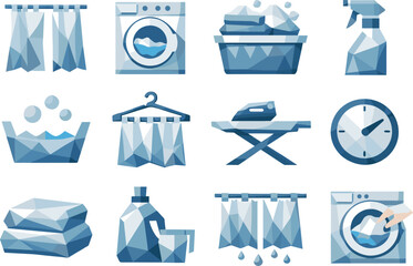 Minimalist Laundry Icons. Low-poly vector icon set for washing curtains and home laundry, featuring angular polygonal geometry,