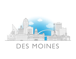 Obraz premium Des Moines Iowa cityscape illustration skyline drawing