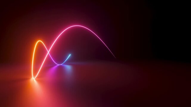 Looped 3D animation of wavy glowing neon line going in a circle. Abstract background