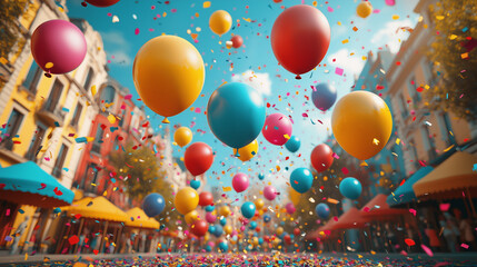 Carnival parade scene with colorful balloons, festive decorations, and open space for celebration marketing and event design