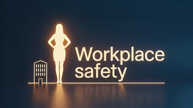 Workplace Safety Emblem:  A visual representation of workplace safety, with the stylized figure in the forefront and the building beside her, and with a tagline emphasizing a safe work environment.