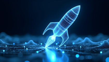 Futuristic Blue Wireframe Rocket with Digital Network Technology Background