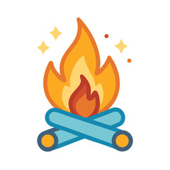 Stylized bonfire illustration with flames, logs, and sparks on black background