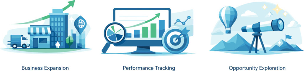 Business Growth Icons. Progress and development scene illustrated via business expansion, performance tracking, and opportunity
