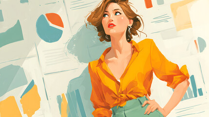 Presentation, vision, strategy . The female leader. Discussing business plan. Vector illustration