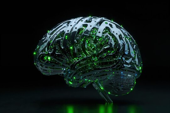 Cerebro met&aacute;lico 3D con luces verdes, concepto de mente artificial y tecnolog&iacute;a avanzada
