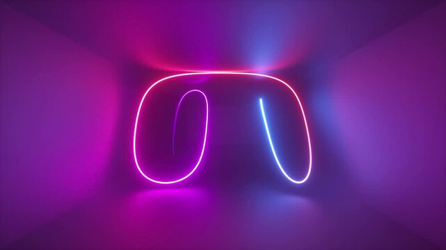 3d abstract background with glowing neon line moving inside long dark tunnel. Pink blue doodle loops, vibrant neon light illumination. Laser ray path, chaotic track, lighting beam