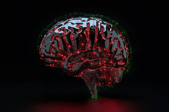 Cerebro digital rojo 3D con brillo ne&oacute;n, concepto de pensamiento artificial y datos