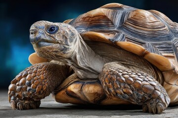 Giant tortoise resting on a smooth surface in a serene environment during daytime