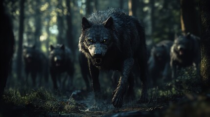 Dark Wolf with Glowing Eyes in Forest
