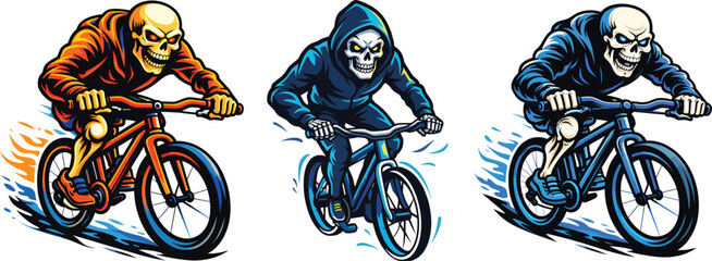 Aggressive Skeleton Cyclist Mascot Vector Set, Skull Rider on Bicycle, Extreme Cycling Sports Logo Illustration, Colorful Esports Style Character on Black Background