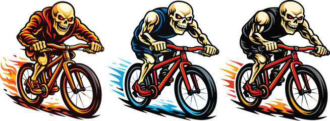 Aggressive Skeleton Cyclist Mascot Vector Set, Skull Rider on Bicycle, Extreme Cycling Sports Logo Illustration, Colorful Esports Style Character on Black Background