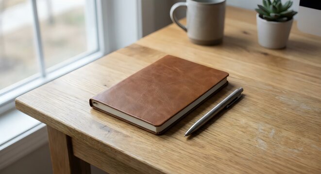 Minimal office desk with one closed notebook and pen aligned neatly, soft window light, realistic texture.