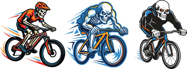 Aggressive Skeleton Cyclist Mascot Vector Set, Skull Rider on Bicycle, Extreme Cycling Sports Logo Illustration, Colorful Esports Style Character on Black Background