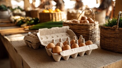 Blank cardboard egg cartons on rustic market table for product display