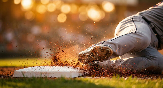 Action shot of baseball runner sliding into base with dirt explosion. Low angle view of athlete legs and cleats during sports game