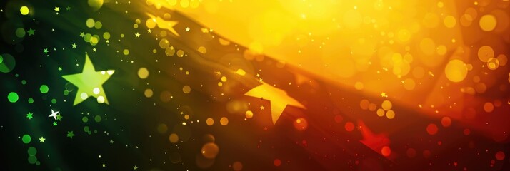 Cameroon National Day abstract background with glitter and radiance. Sparkling yellow, red, and green patriotic celebration design. copy space, free space for text