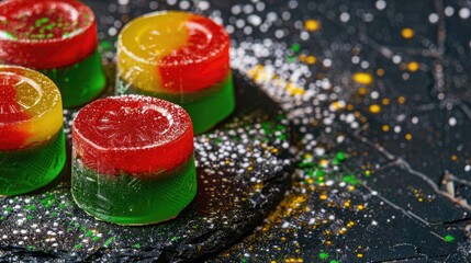 Festive marmalade candy display in vibrant yellow, red and green for Cameroon Independence Day. Patriotic sweets. copy space, free space for text