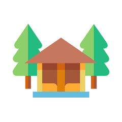 Flat illustration of a wooden cabin nestled between two evergreen trees