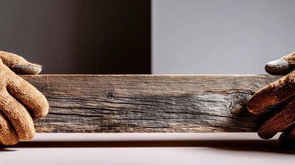 Hands holding rustic wood plank in close up composition for design projects