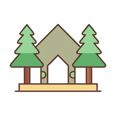 Fototapeta premium Minimalist vector illustration of a tent between two trees on black background