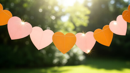 Pink and orange paper hearts hanging on string on a blurred background. Decorative hearts for Valentine's Day. Banner template for love, greeting card, wedding and anniversary with copy space.