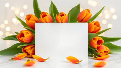 Orange tulips with blank white card surrounded by glowing bokeh lights. Flowers for Spring holiday, Mother's Day, women's day, birthday, wedding, anniversary.