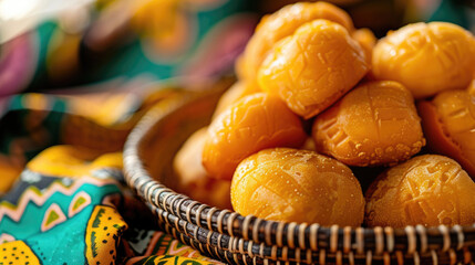 Cameroonian Independence Day celebration with pastry feast. Traditional national baked goods arranged for festive holiday gathering
