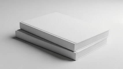 Two blank white books stacked on table. Empty cover and spine for mock up template design. Education and literature concept, copy space.